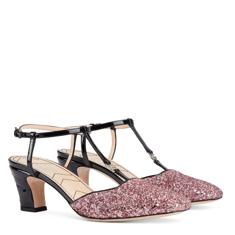 Gucci Pink Glitter Slingback Double G T-Strap Pump Shoes Size 37/ 7 NIB $980